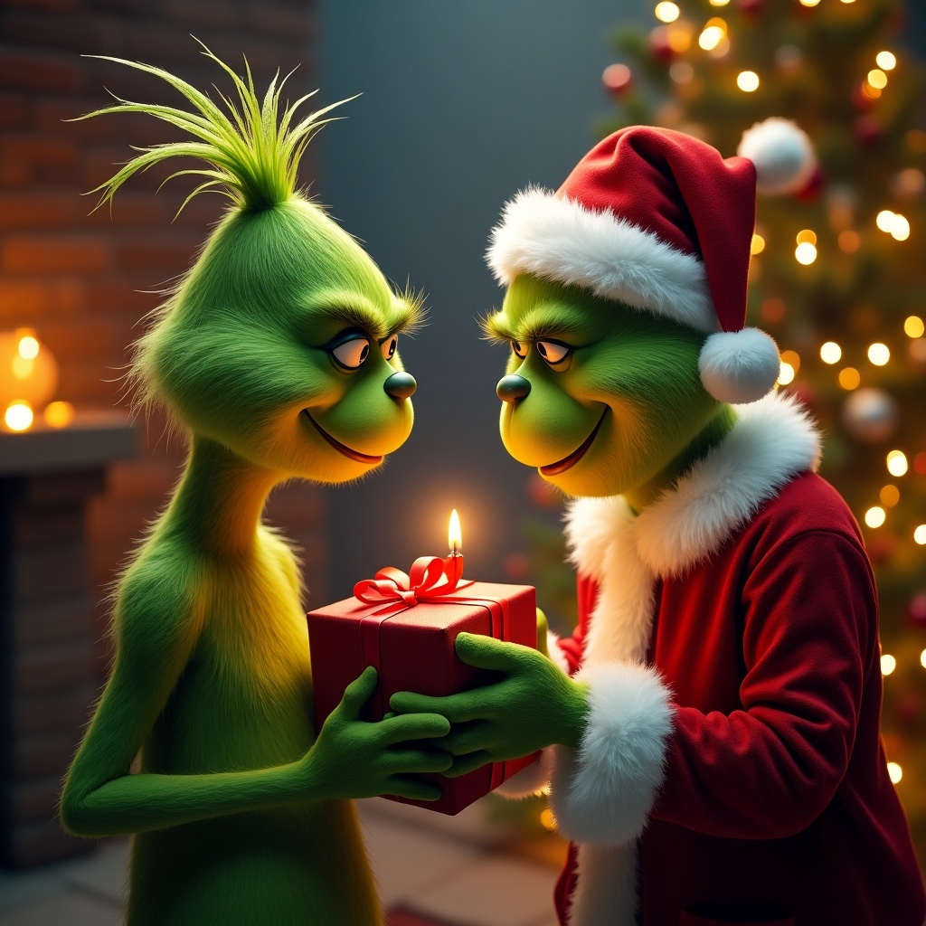 A grinch gives a gift to another grinch. Two green grinch characters exchange a present. Christmas background with lights. Joyful scene. Holiday spirit.