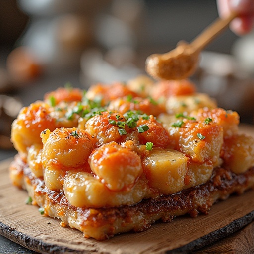 Top view of a gourmet dish made from gnocchi arranged beautifully on a wooden plate. Fresh herbs add a pop of color. A hand sprinkles seasoning on top.