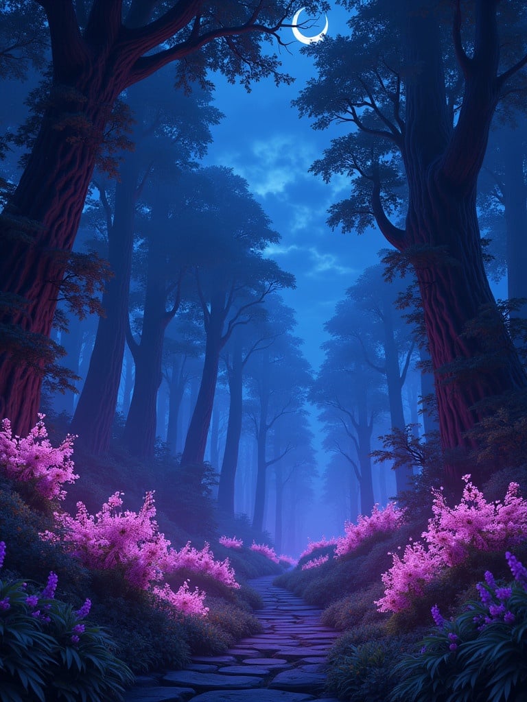 A bioluminescent forest exists on Erythra with glowing plants under violet skies. A pathway leads through tall trees and vivid flowers. Nighttime with soft light enhances the magical ambiance.