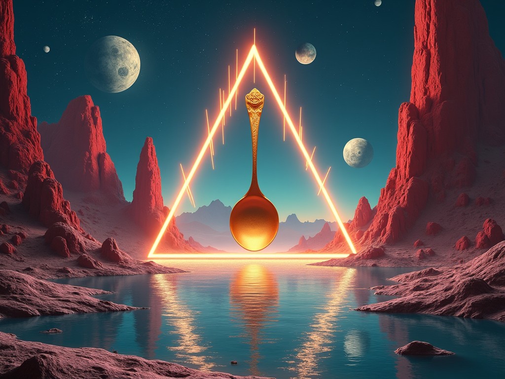 Imagine a surreal landscape on an alien planet. Towering red rock formations rise from a shimmering body of water, reflecting the dark blue sky. In the center, a large golden spoon hangs suspended within a glowing triangle. The scene is illuminated by flashes of lightning that zigzag around the triangle, creating a dramatic contrast. Surrounding the triangle are various celestial bodies, including distant planets and glowing stars. The atmosphere is vibrant, merging elements of science fiction with a dreamlike quality.