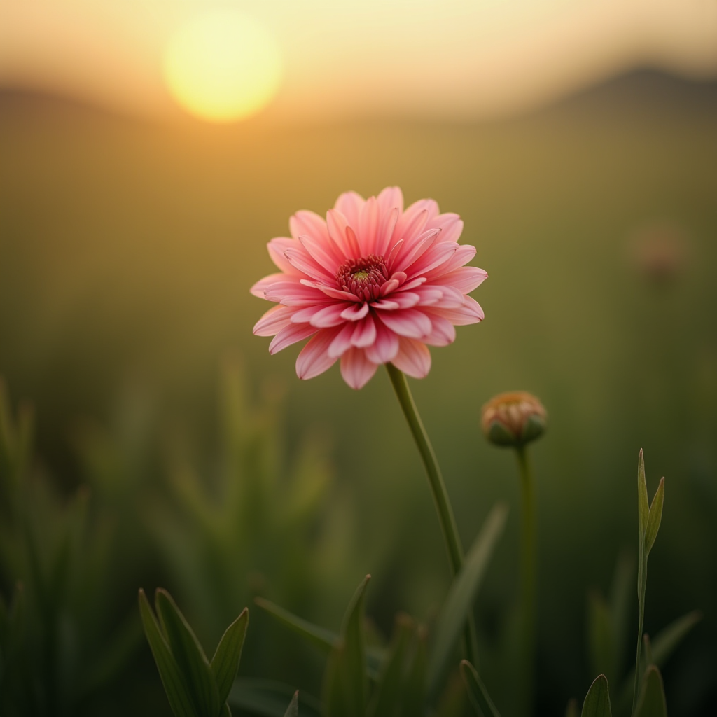 A lone pink dahlia stands elegantly against a blurred green field, with a golden sunset creating a warm, tranquil backdrop.