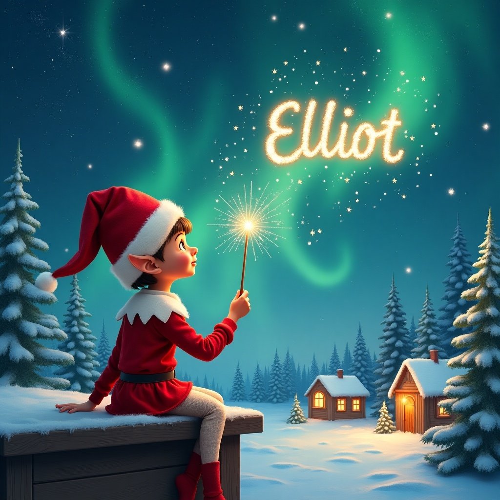 An elf dressed in a red outfit holds a sparkling wand. The elf is on a wooden ledge gazing at the sky. The elf writes the name 'Elliot' in stars. The background has snowy landscape, little houses, and evergreen trees. There are shimmering Northern Lights. A whimsical feeling of childhood magic and Christmas cheer is captured.