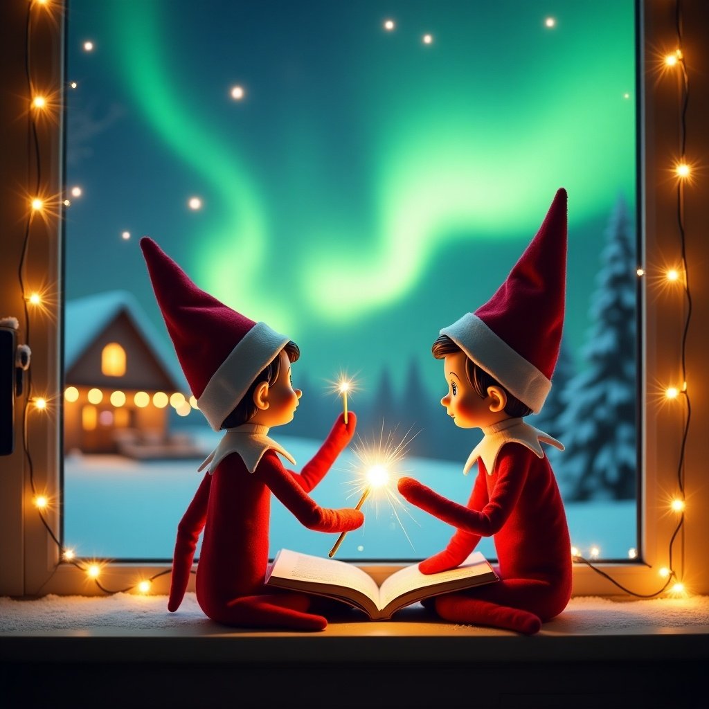 This enchanting image depicts two cheerful elves on the shelf, dressed in iconic red outfits with pointy hats, sitting by a window. They are engrossed in a book illuminated by a soft glow, suggesting the exchange of holiday secrets. Outside, the spectacular northern lights dance in vibrant greens and blues, creating a magical backdrop. Delicate holiday lights frame the window, adding to the festive atmosphere. The overall mood is warm and inviting, perfect for celebrating the spirit of Christmas and anticipation for visits from Santa. An elf on the shelf sits with its back to the viewer, gazing skyward, glowing wand in hand.