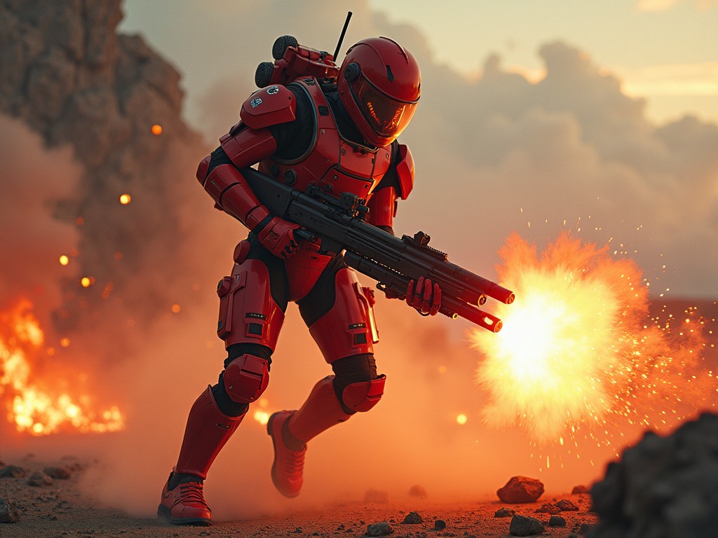 The scene features a scarlet commander, a robot soldier dressed in bright red armor, engaging in a dynamic action sequence. The soldier is crouched and firing a heavy weapon, surrounded by explosions and smoke in a rugged landscape. The atmosphere is tense and fiery, highlighting the combat scenario. The lighting casts a dramatic glow on the soldier's armor, emphasizing its design. This composition captures the essence of futuristic warfare while showcasing the intensity of action sequences often found in video games and films.