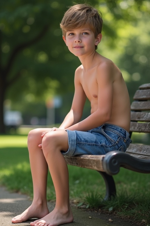 A young boy sits barefoot on a park bench. He has short hair and is wearing denim shorts. The scene is bright with green trees in the background.