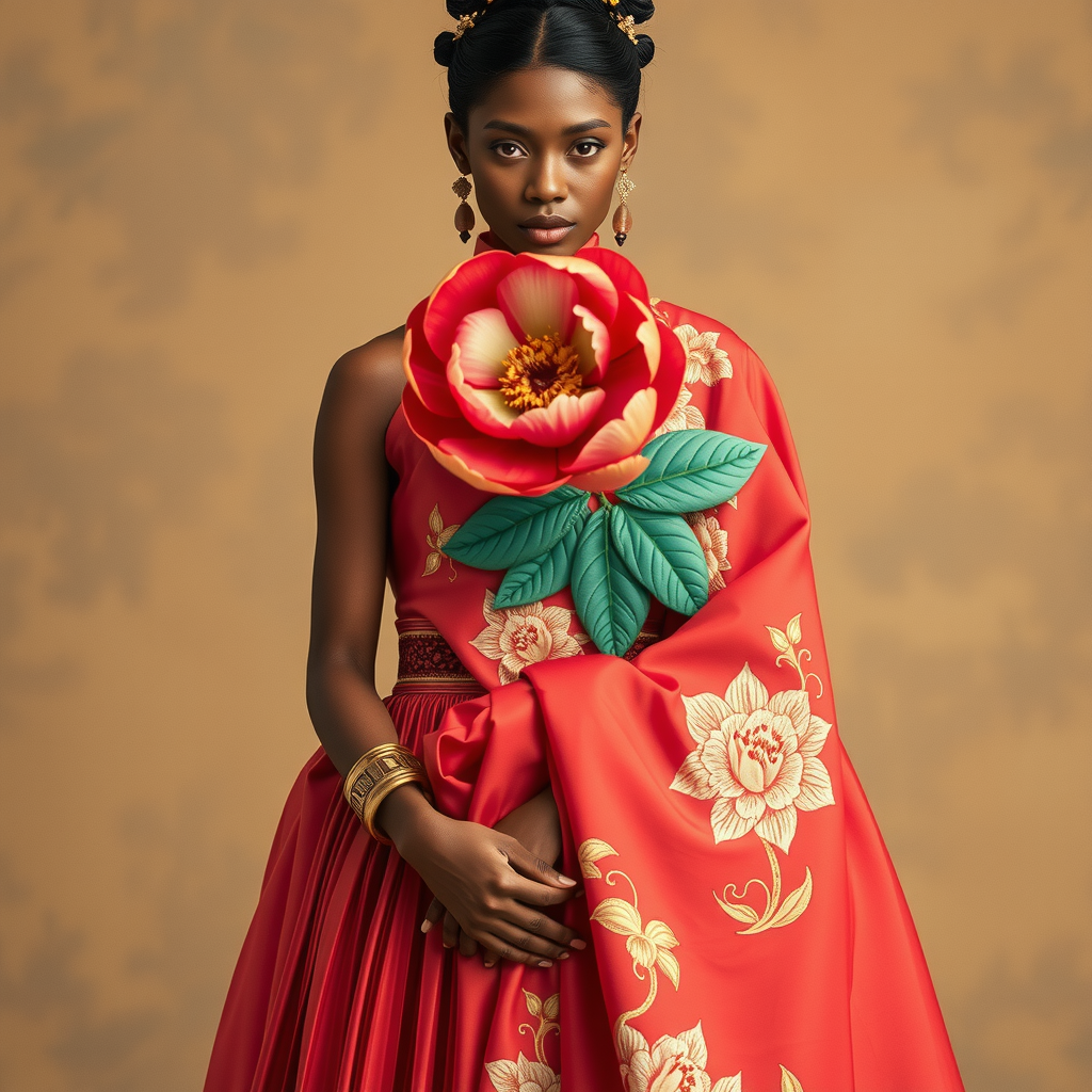 The image portrays a woman dressed in an elegant, vibrant red gown adorned with intricate floral patterns and embroidery. A large, artistic flower accessory is prominently attached near the neckline, showcasing rich textures with red petals and green leaves. The background is a warm, muted shade, allowing the vibrant colors of the garment to stand out. The woman's poised expression, along with her tasteful gold jewelry, including bracelets and ornate earrings, adds to the overall sophistication and thematic floral elegance of the composition.