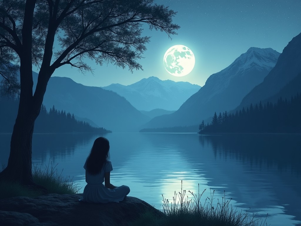 A serene nightscape with a girl sitting by a lake, illuminated by a full moon, with mountains in the background.