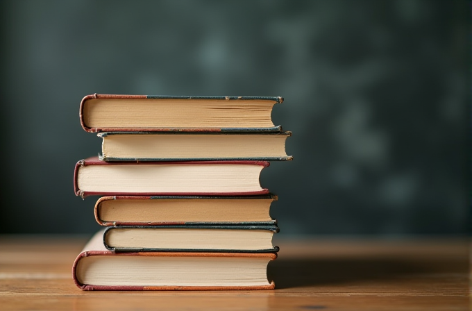 A stack of five books on a wooden table with a blurred blackboard background.