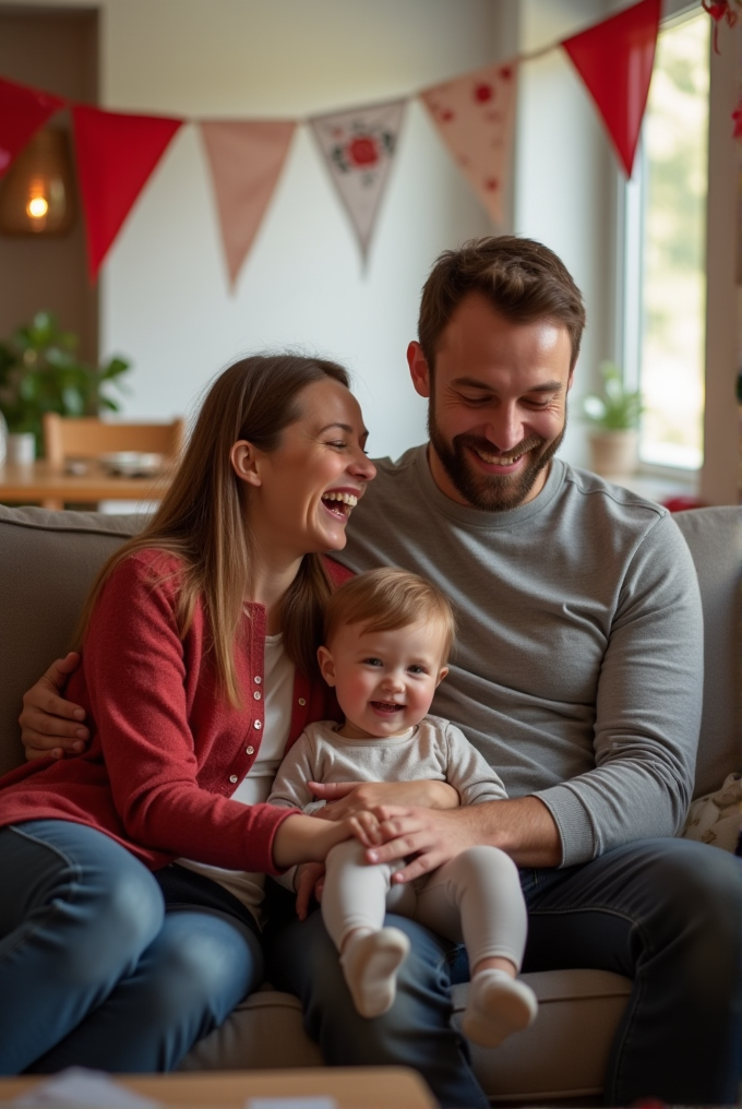 A happy family sits on a couch, smiling and holding a baby.