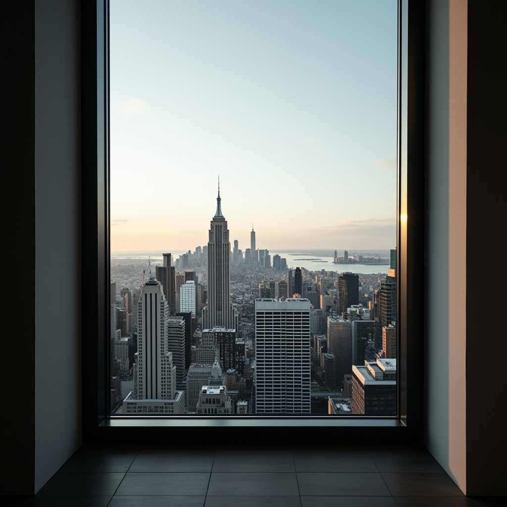 A view of a skyscraper-dominated skyline seen through a large window at sunset, with a calm, expansive cityscape and a clear sky.