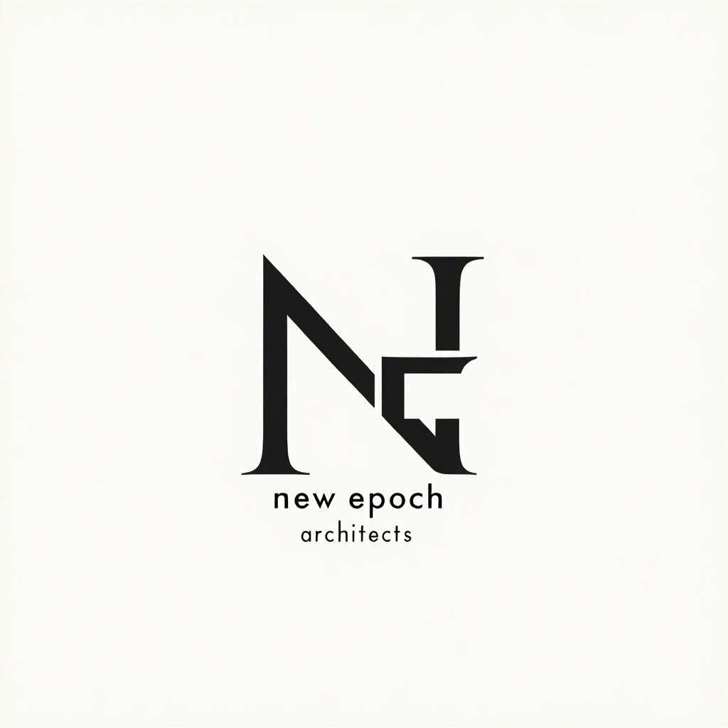 Logo design for a firm named 'new epoch architects'. Minimal and bold appearance. Letters N and E as the central element. Text 'new epoch' below. Word 'architects' further below. Emphasis on sleek and simple design.