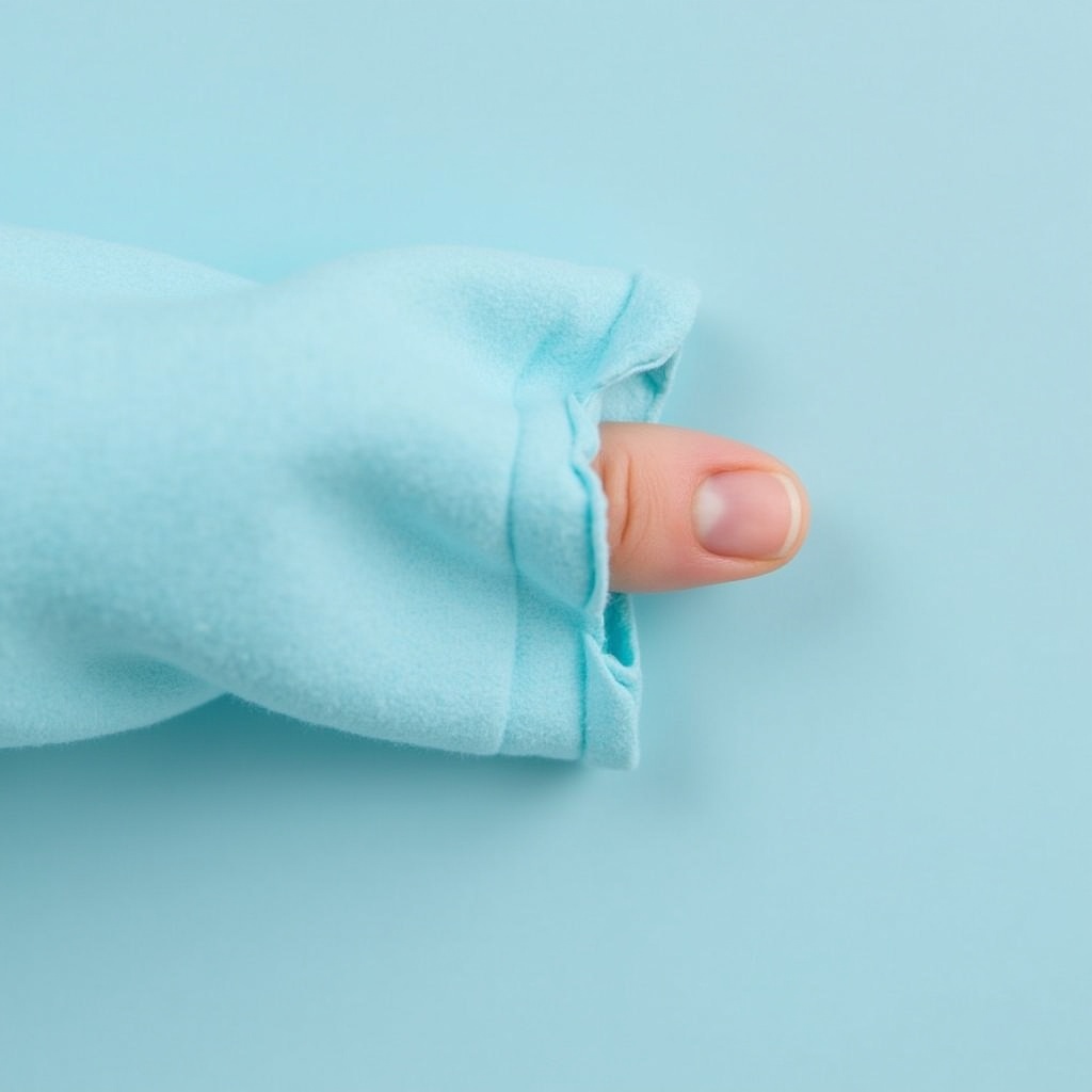 This image showcases a light blue sleeve with a small hole. A fingertip is peeking through the hole, creating an interesting visual detail. The soft color palette gives a calming effect. The lighting is diffused, enhancing the textile's texture. This minimalistic representation invites curiosity and creativity.