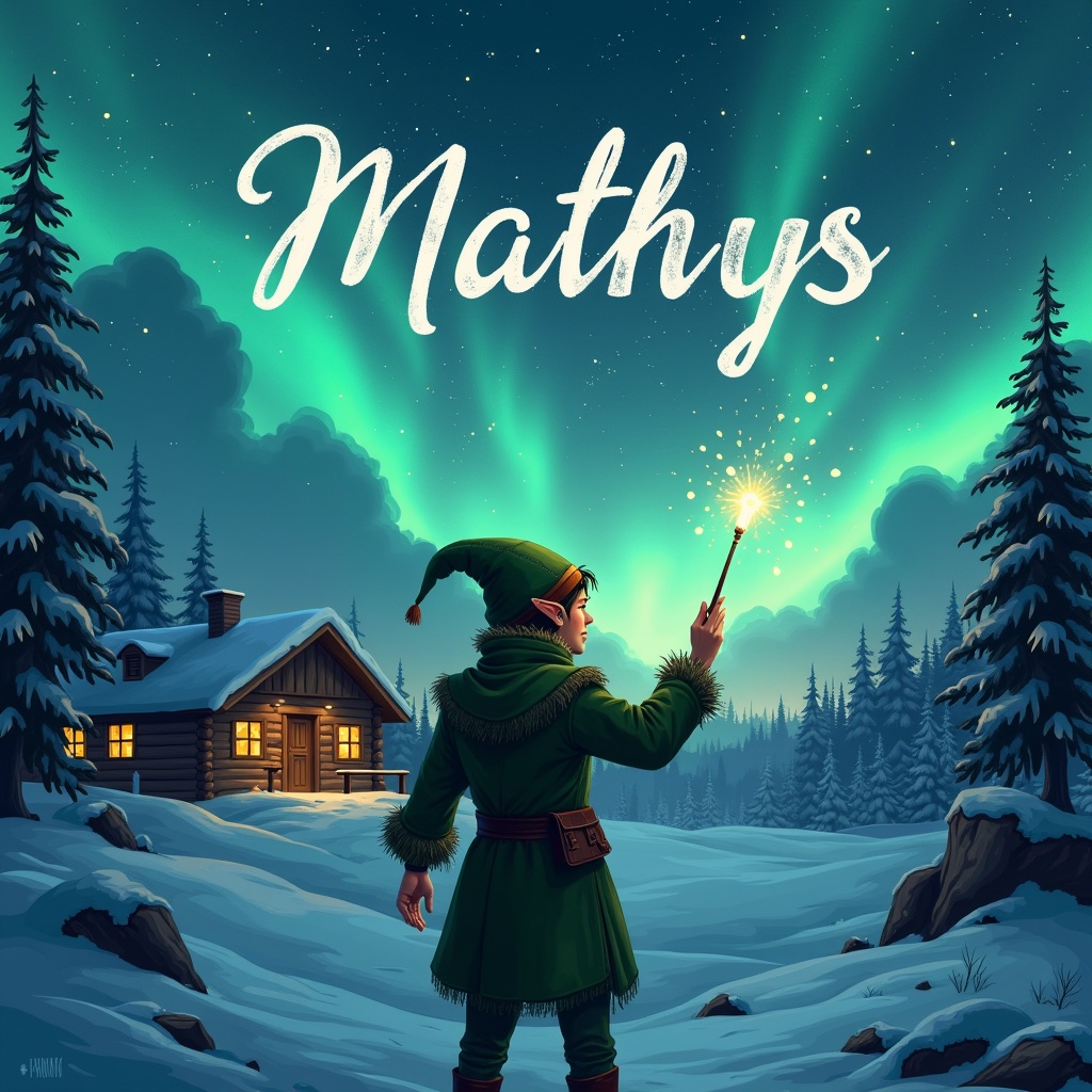 Elf stands with back to viewer. Elf writes names in air with wand. Background shows northern lights and cozy cabin. Name Mathys inscribed in sky.