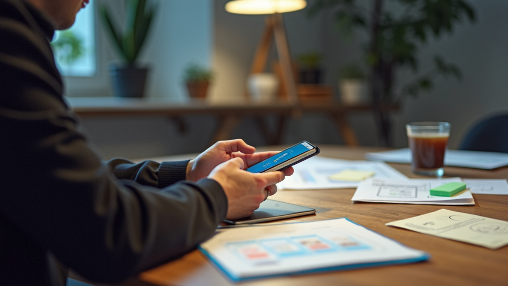 A person in an office uses a smartphone at a desk with documents, a tablet, and a glass of coffee.