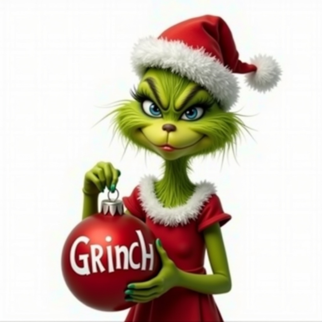 Female Grinch character in a biologist dress and Santa hat. Holding red ornament labeled Grinch. White background.