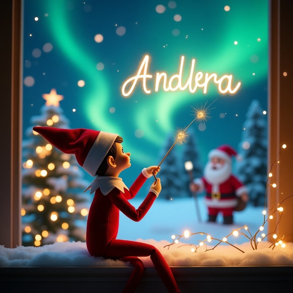 This image showcases a cheerful elf on the shelf who is seated and writing in the snow with a magical wand. The elf, with a festive red outfit and hat, is facing away from the viewer, gazing up at the captivating northern lights above. In the air, the elf is creating the names ‘Alyjah & Arabella’ that sparkle with enchantment. Behind the elf, a lively Christmas scene unfolds with a beautifully decorated tree and a playful Santa waving cheerfully. The atmosphere is filled with joy and holiday spirit, inviting everyone into a whimsical winter wonderland.