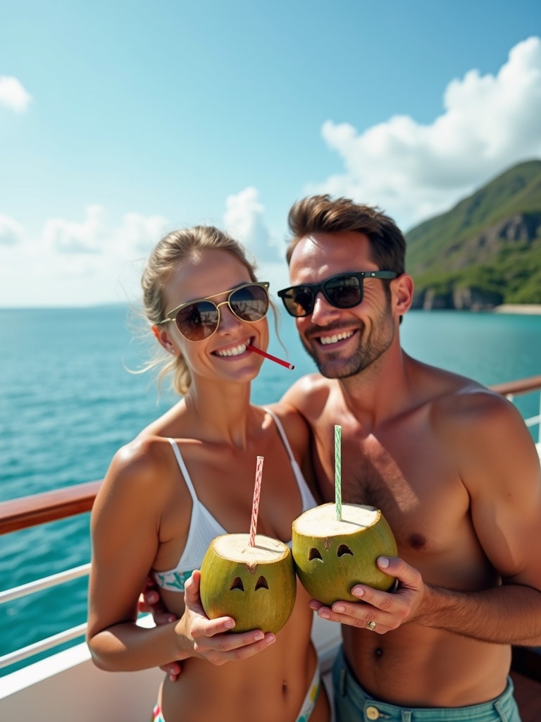 Couple enjoys tropical cruise on a ship deck. They hold coconuts with smiling faces. The man wears sunglasses. Background shows calm ocean and sunny sky. The atmosphere is cheerful and warm.