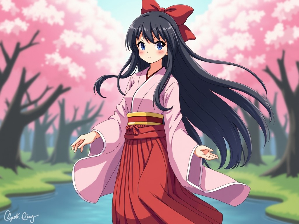 A digitally illustrated anime girl stands gracefully against a backdrop of cherry blossom trees. She is wearing a traditional pink and red kimono, with her long dark hair flowing and adorned with a red bow. The scene is filled with soft, pastel colors, creating a serene and peaceful atmosphere. The river winding through the landscape adds depth to the composition.