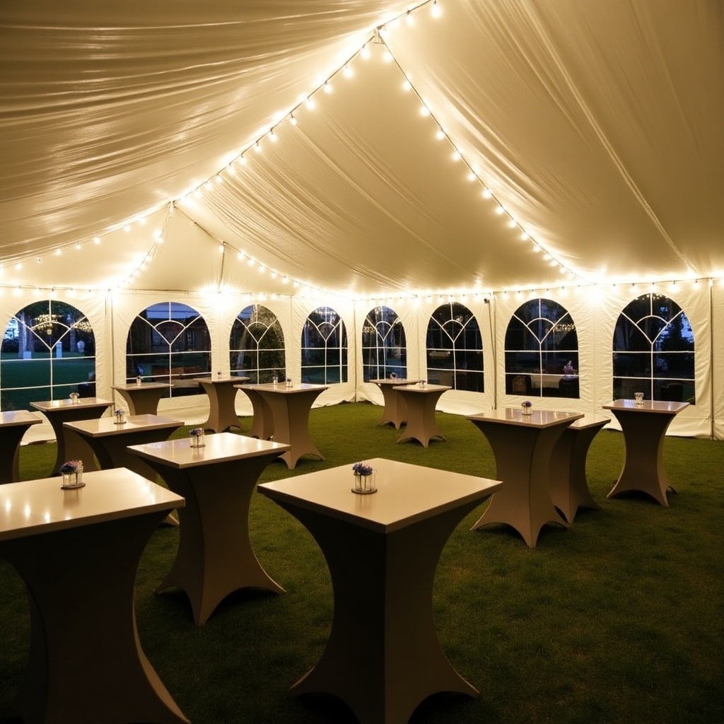 A 120x60 tent is set up with several cocktail tables arranged inside. Soft, warm string lights illuminate the tent, creating a cozy atmosphere. Tables are elegantly styled on a green lawn.