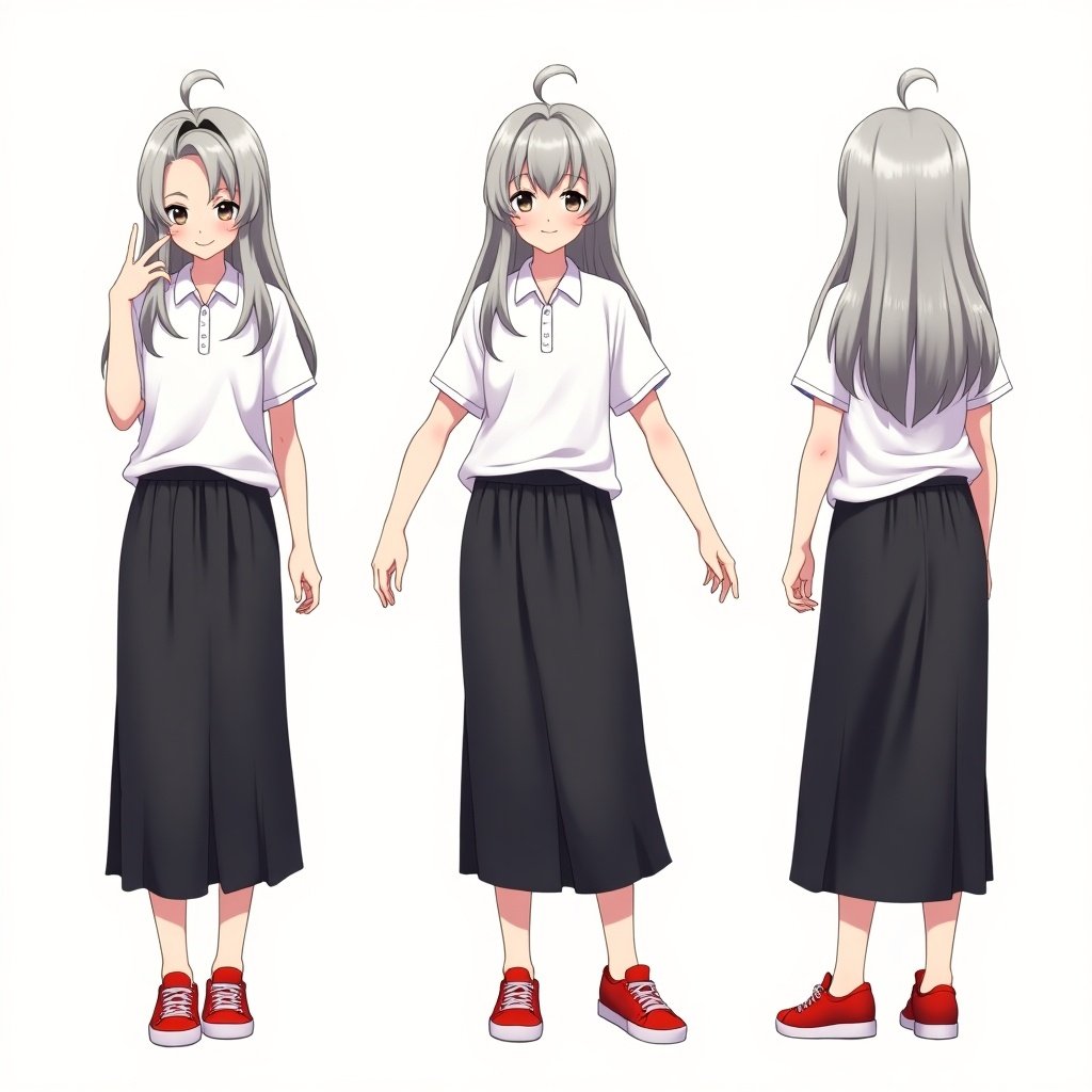 Anime character presented in three views: front, side, back. Long ash hair. Stylish white polo shirt. Black long skirt. Red sneakers. Cheerful demeanor. Versatile design reference for creative projects.