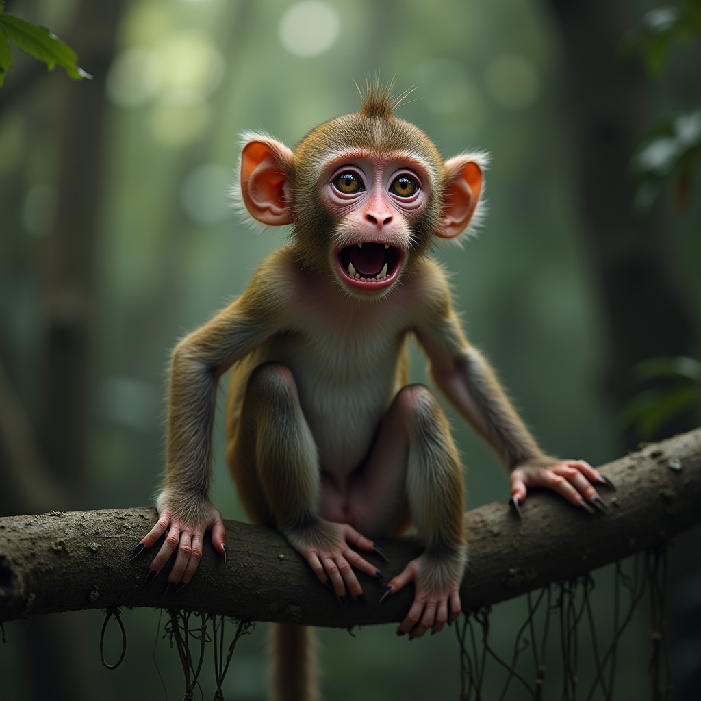 A baby monkey perches on a branch in a lush, green forest, looking playfully alert.