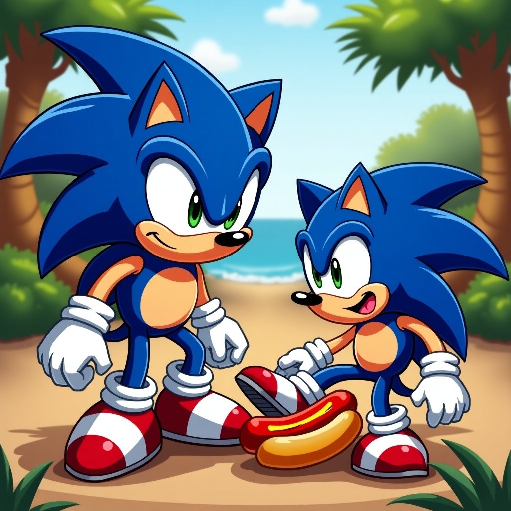 32-bit Sonic and Metal Sonic character illustration. Bright and colorful beach environment. Sonic slipping on a chili dog with humor. Playful tone with cartoon style.