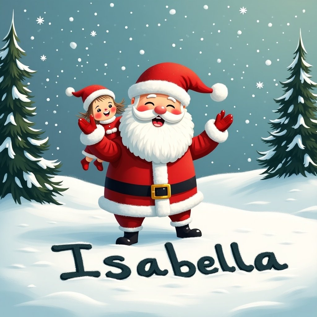 Santa Claus joyfully draws the name 'Isabella' in thick snow. He wears a red suit with a cheerful smile. Holding a babydoll. Snowflakes gently fall around him. Evergreen trees create a wintery backdrop. Captures Christmas spirit and joy of connections.