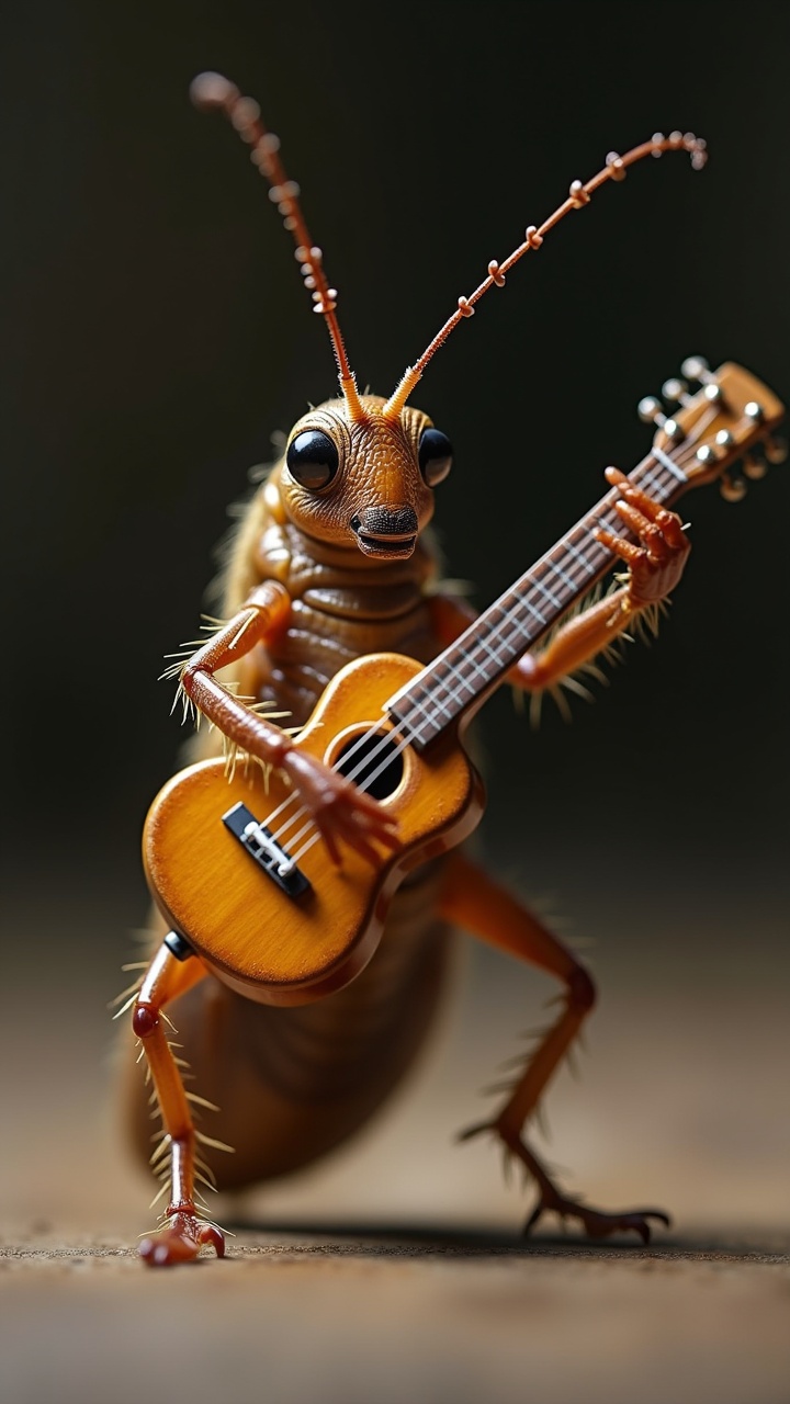 A whimsical fantasy illustration: a bug playing a miniature guitar, looking like a rock musician. The bug is anthropomorphized with expressive features, set against a blurred background to highlight the subject. The image evokes creativity and a fun, imaginative atmosphere.