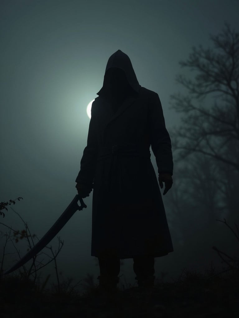 A dark and eerie scene reveals a cloaked figure with a sword standing confidently in the misty landscape. The moon casts an ominous glow illuminating the surroundings.