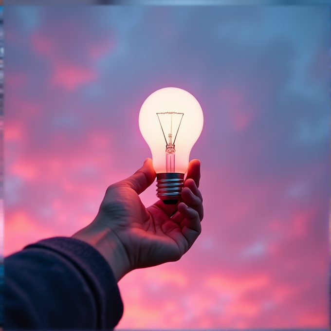 A hand holds a glowing light bulb against a pink and blue sky.