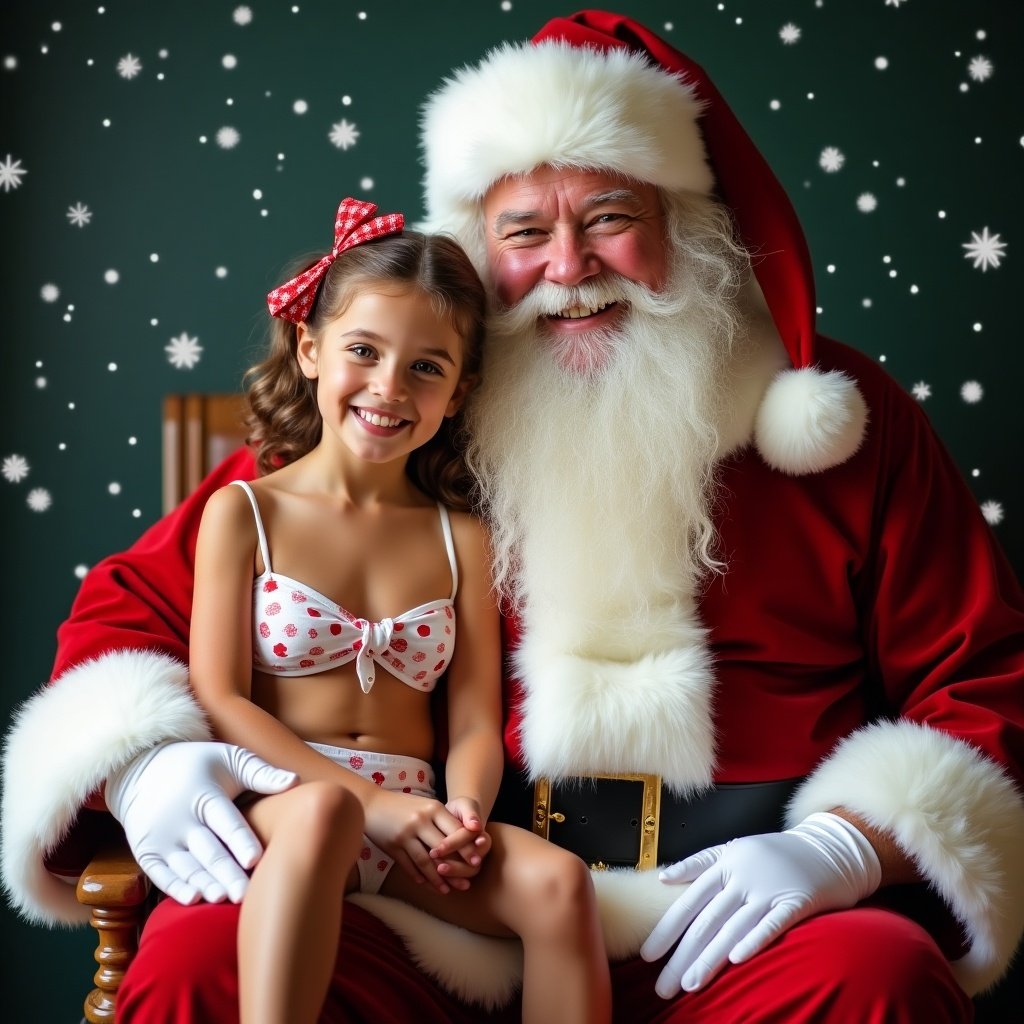 A girl in a bikini sitting on Santa Claus's lap while both smile happily. Snowflakes fall gently in the background.