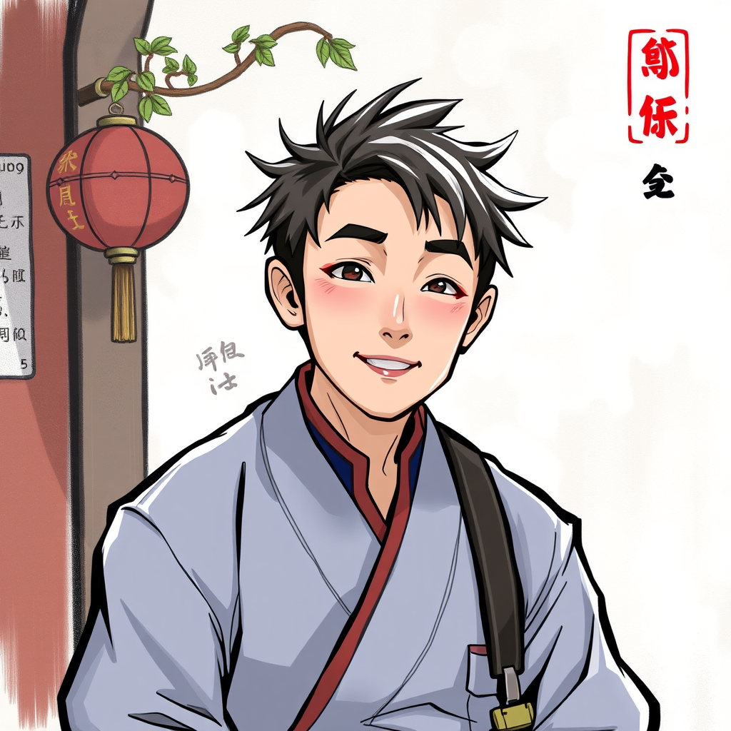 An anime-style depiction of a smiling young person near a red lantern and tree branch.