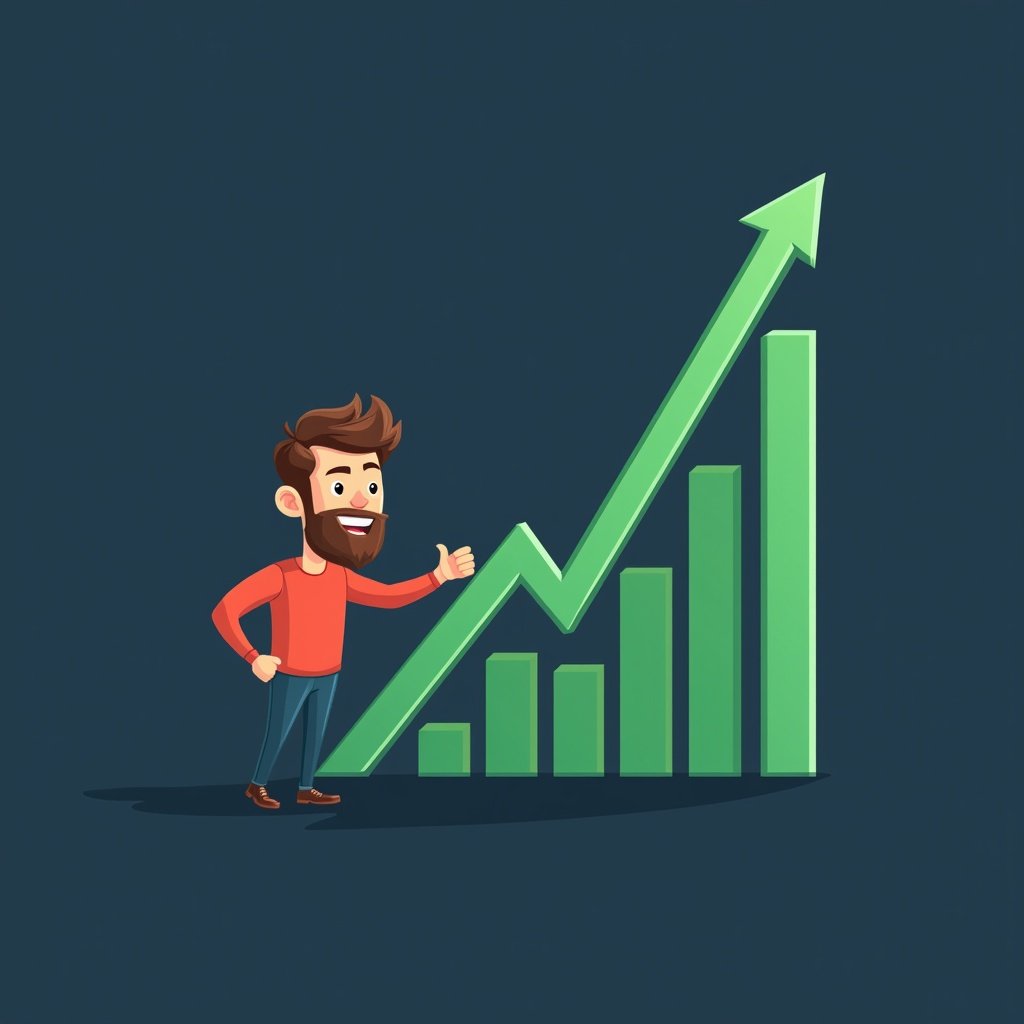 Cartoon man points at a rising green graph line on a navy blue background. Illustration symbolizes growth and progress.