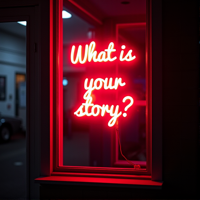 A glowing neon sign in a window reads 'What is your story?' in vibrant red letters, contrasting against a dark background.