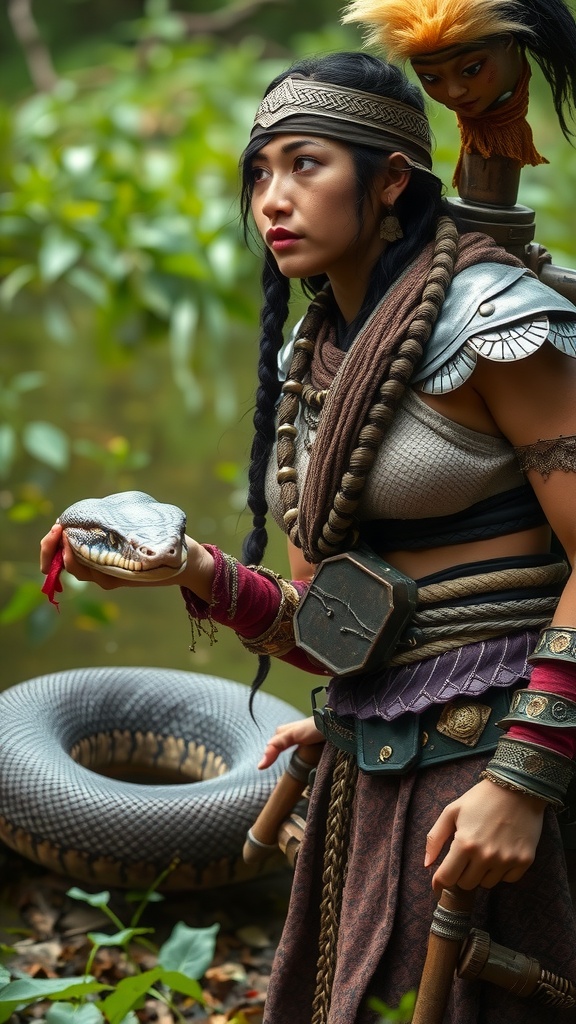 The image features a warrior woman adorned in intricate armor and tribal garb, standing in a lush, green forest setting. She holds a snake confidently in one hand, while a curious creature with a bright mane rests on her shoulder. The overall mood is adventurous and mystical, as if she is embarking on a journey with her animal companions.