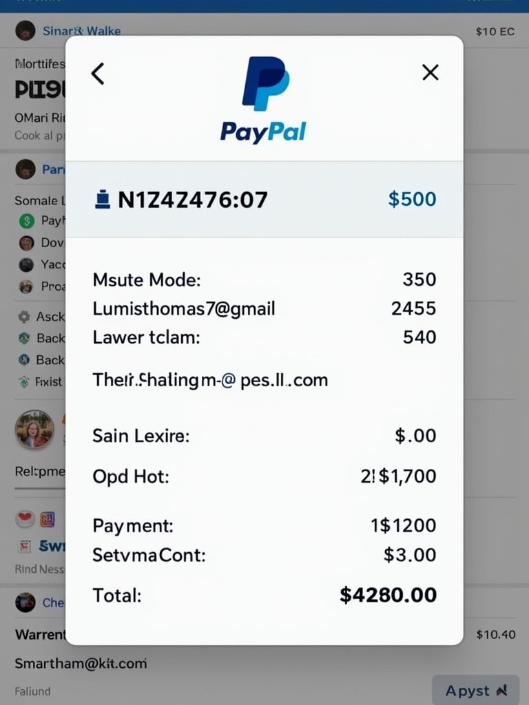 Digital payment receipt from PayPal shows transaction details including total amount of $4280.00 and payment to Lumisthomas7@gmail. Additional financial information like payment method and account details visible in the screenshot.