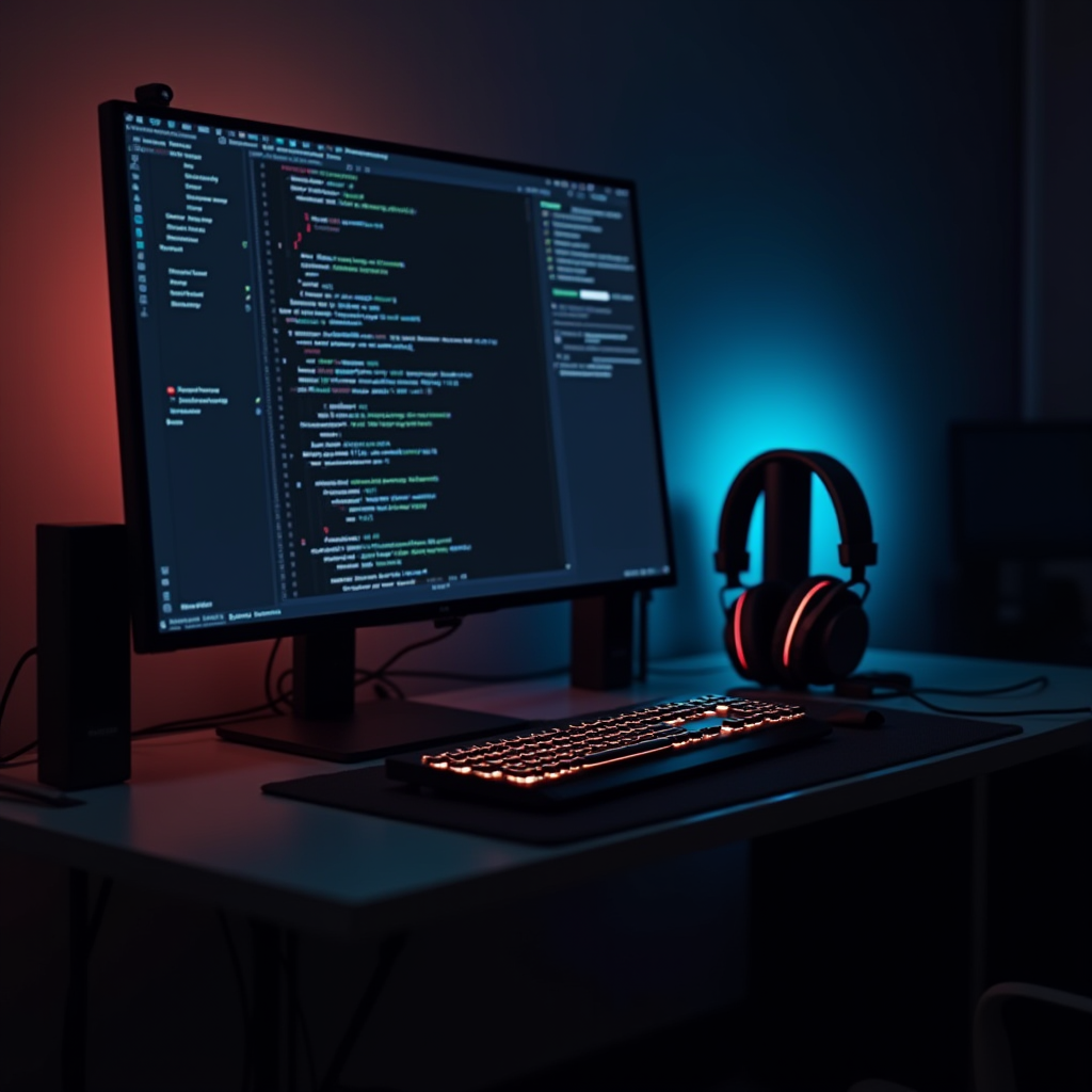 A dimly lit workspace with a computer screen displaying code, illuminated by red and blue lighting, accompanied by a glowing keyboard and a pair of headphones.