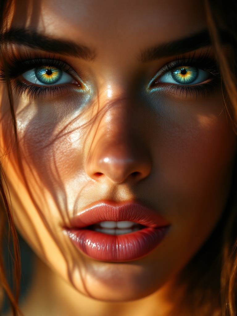 Extreme close-up featuring striking eyes and pouty lips. Showcases the face of a beautiful woman. Highlights interplay of light and shadow. Dramatic composition. Captured in a solarium.