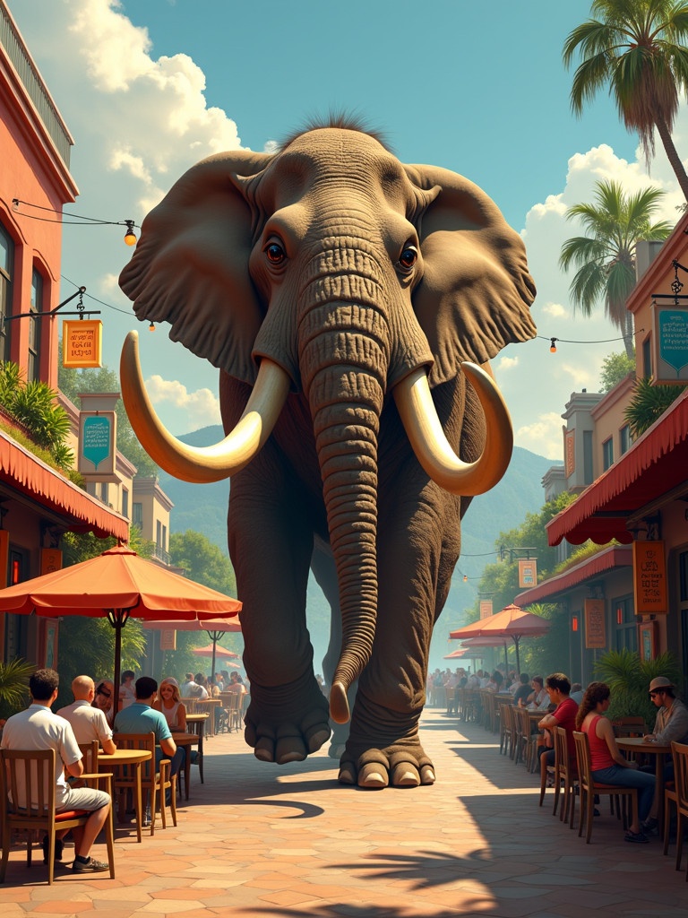 A mammoth walking into a Mexican restaurant. An elephant approaches outdoor seating area filled with diners. Bright sunlight shines on colorful buildings. Tropical plants decorate the streets.