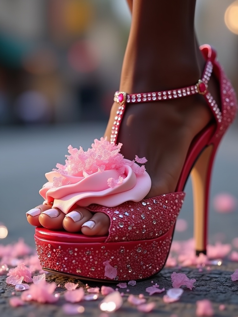 A red high heel shoe with diamond embellishments steps on a pink cupcake. The shoe belongs to a black woman whose toes are manicured white and adorned with fluffy crystal details. The scene is set against a city backdrop that resembles New York, with an outdoor pavement covered in cupcake frosting. The image captures high detail and dramatic lighting, showcasing the luxurious and trendy nature of the footwear.