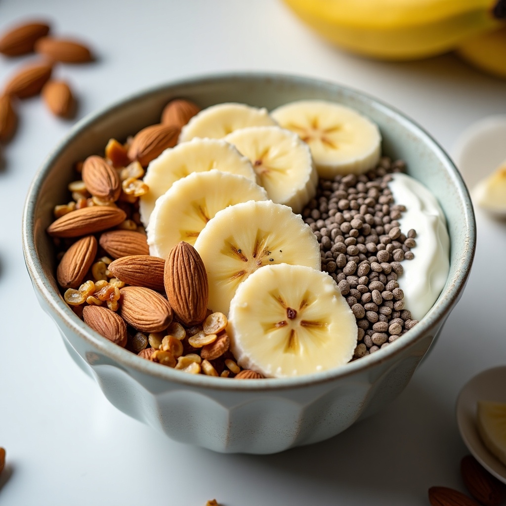 Bowl filled with banana granola. Almonds and chia seeds surround thick yogurt and sliced bananas. Ultra realistic image.