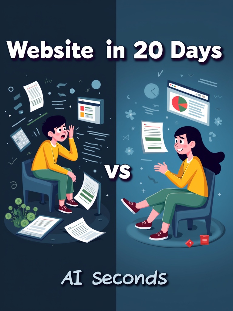 Split-screen comparison of a stressed person surrounded by tech chaos and a happy person creating a website with AI. The left side shows frustration with coding while the right side highlights instant results. Above the two, text states 'Website in 20 days vs. Website in 20 seconds'.