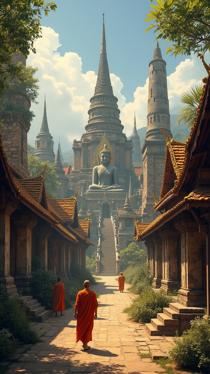 This image captures the serene ambiance of an ancient temple complex, dominated by a majestic seated Buddha statue. Encircled by ornate towers and pagodas, the architecture reflects traditional Asian styles. Monks in saffron robes walk along a stone path, leading the viewer's eye toward the grand staircase in the background. The lush greenery and soft lighting enhance the peaceful and contemplative mood.