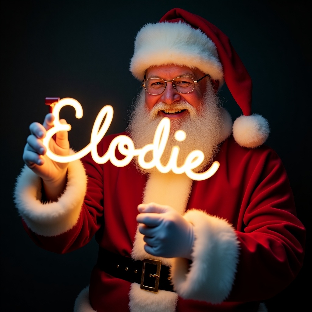 This image features Santa Claus wearing his traditional red and white suit. He is holding a glow stick that forms the name 'Elodie' in bright light. Santa's expression is jolly, exuding warmth and holiday cheer. The glowing text enhances the festive atmosphere. This scene captures the magic of Christmas and the joy of the season.