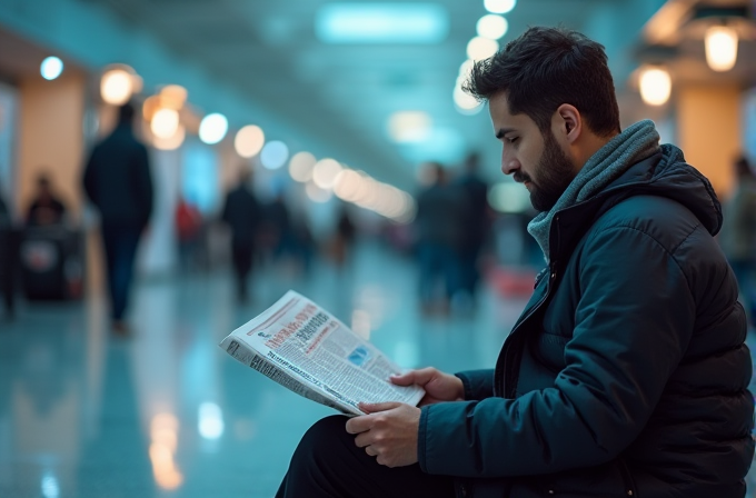 A man sits in a bustling corridor, engrossed in reading a newspaper.