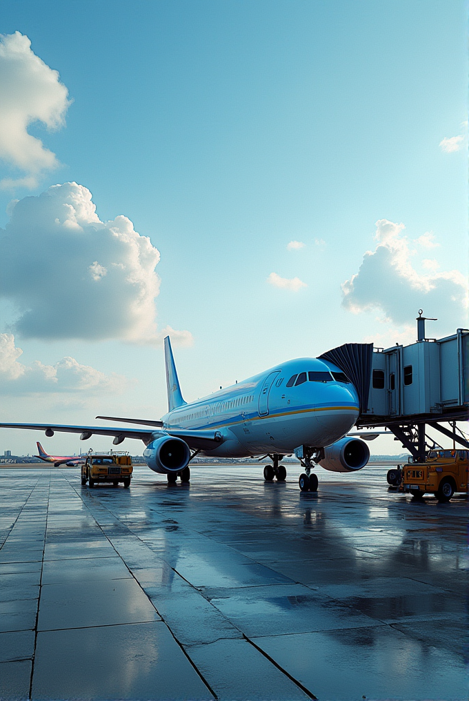 A large passenger airplane is parked at the airport gate under a clear blue sky.