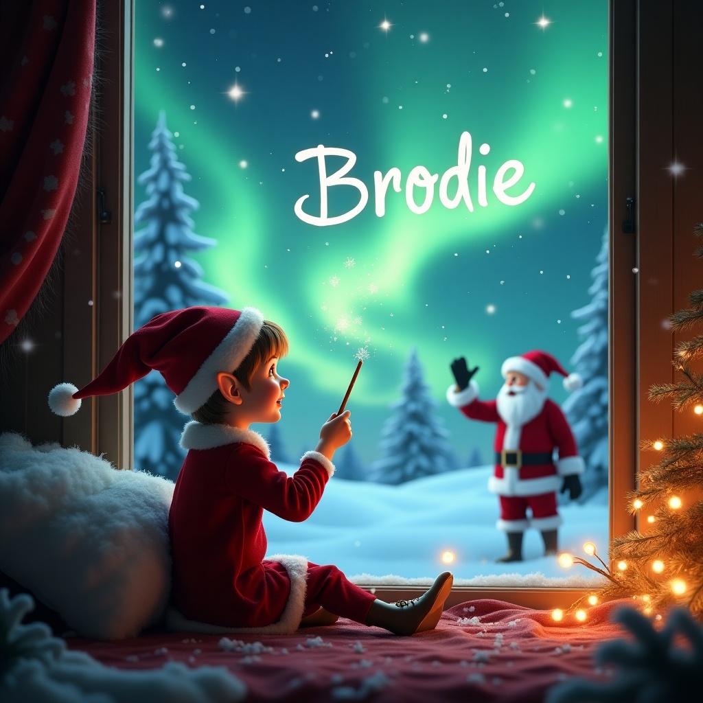 This enchanting image features a young elf character sitting by a cozy window during Christmas. The elf, dressed in a festive outfit, faces the breathtaking northern lights outside and is joyfully using a wand to write 'Brodie' in the sky. In the background, Santa Claus can be seen, adding a magical element to the scene. The setting is a peaceful winter wonderland, with snow-covered trees and a glowing ambiance. This holiday-themed visual captures the spirit of childhood wonder and festive cheer.