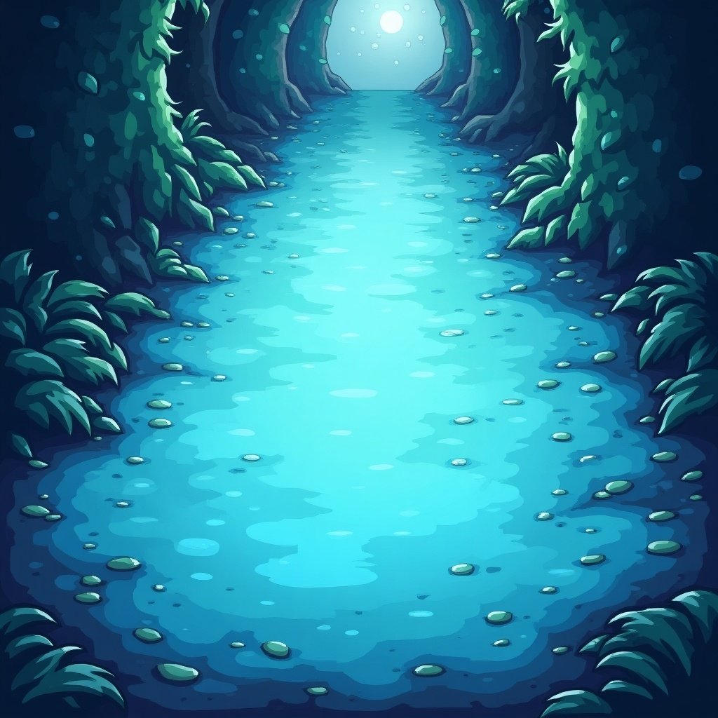 A vibrant landscape with a light blue pathway. Trees lined on both sides with lush green moss. A glowing light in the distance suggests a magical atmosphere. Ideal for game backgrounds.