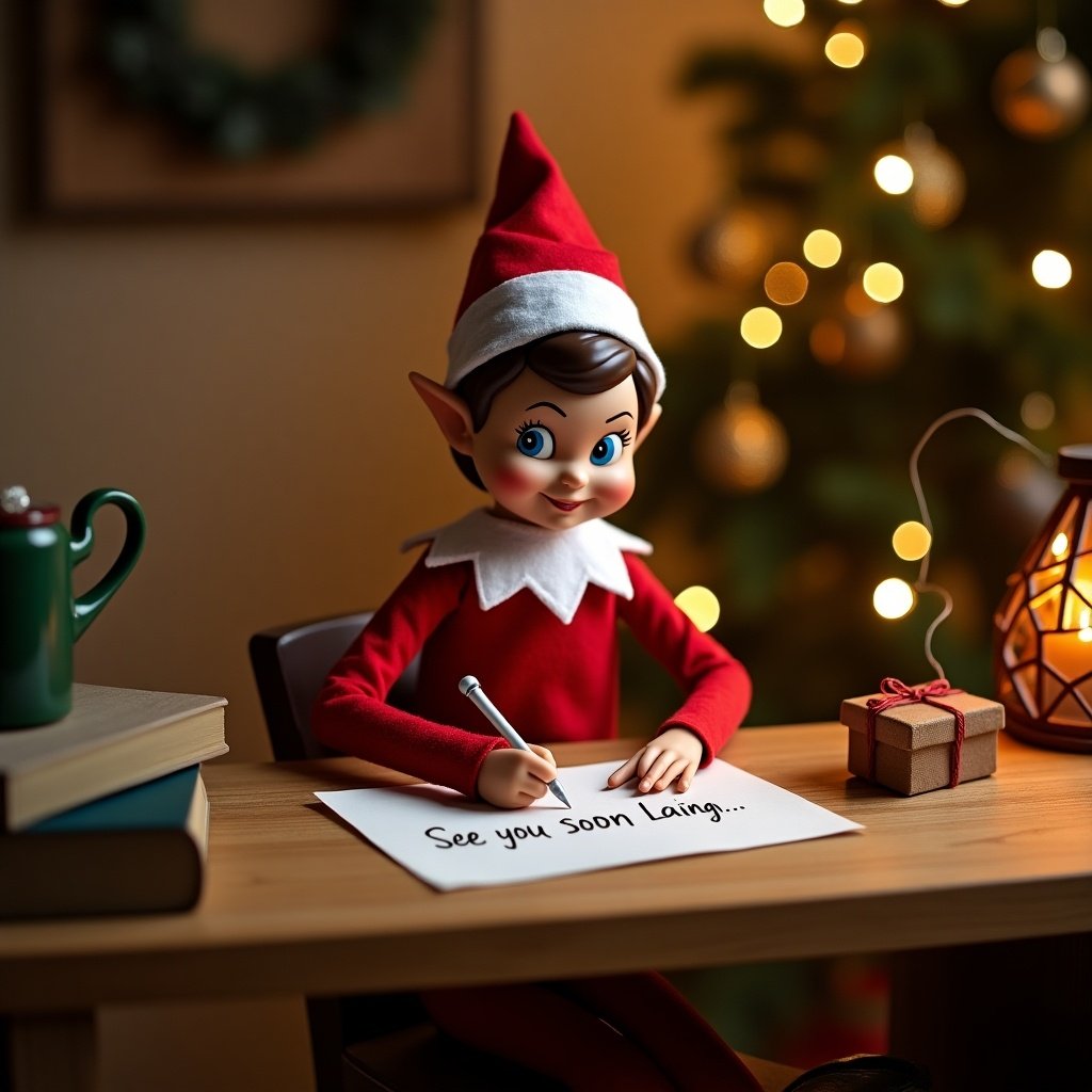 The image features an Elf on the Shelf character, dressed in bright red and white, sitting at a wooden desk. The Elf appears to be writing a heartfelt note that reads 'See you soon Lyra Laing ❤️'. The background has a beautifully lit Christmas tree adorned with ornaments, and warm golden lights create a cozy atmosphere. Surrounding the Elf are festive decorations like a green mug and a small wrapped gift. The scene evokes feelings of holiday magic and childlike wonder, suitable for the Christmas season.