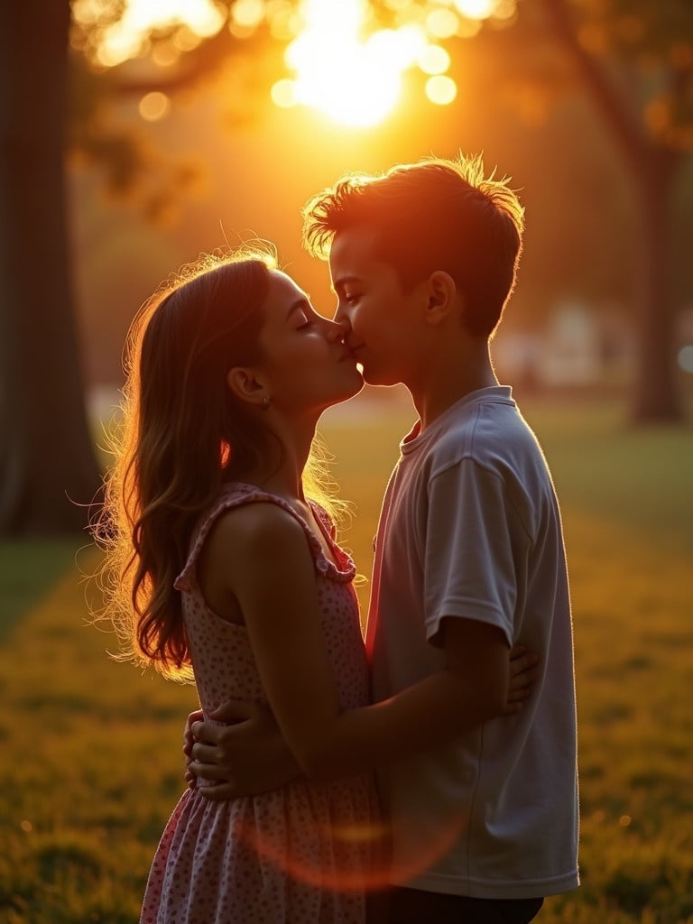 A couple is captured in an intimate moment during sunset. The sun sets behind them creating a warm glow. They are standing close in a park. Their silhouettes are highlighted by the sunlight. The atmosphere feels romantic and serene.